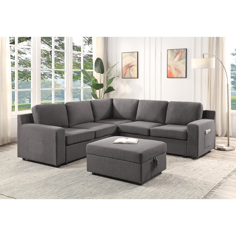 LILOLA Waylon Gray Linen 6Seater LShape Sectional Sofa with Storage